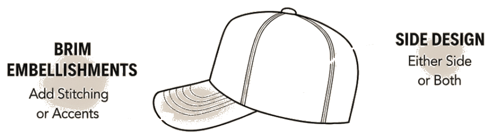 Side view of the cap: brim embellishments and side design are customizable.