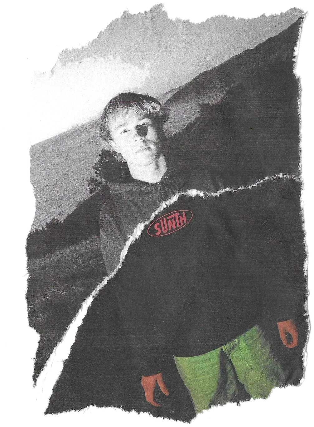 Torn-photo collage of Kaiden Campbell on the coastal bluffs wearing a Sunth hoodie