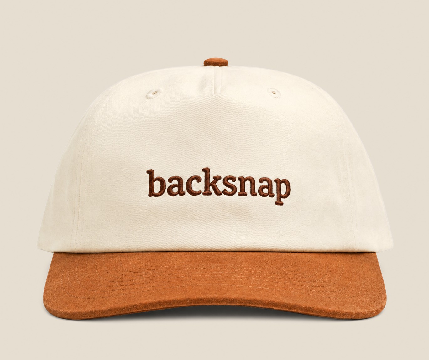 Cream and brown Backsnap embroidered cap, front view