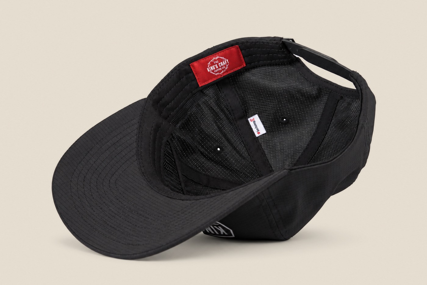 Black ripstop King's Craft Coffee cap, interior with red woven label