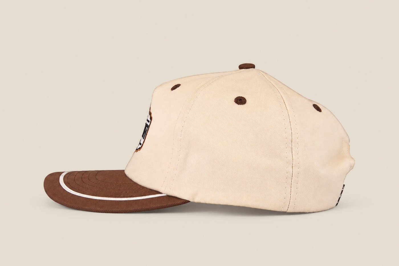 Tan and brown King's Craft Coffee rope cap, side profile