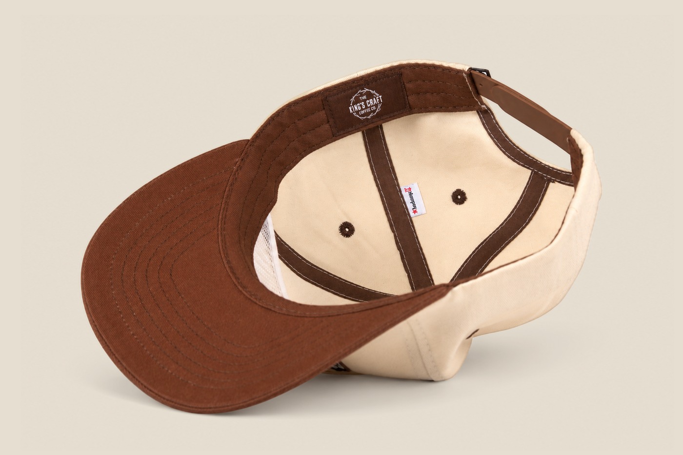 Tan and brown King's Craft Coffee rope cap, interior with brown taping