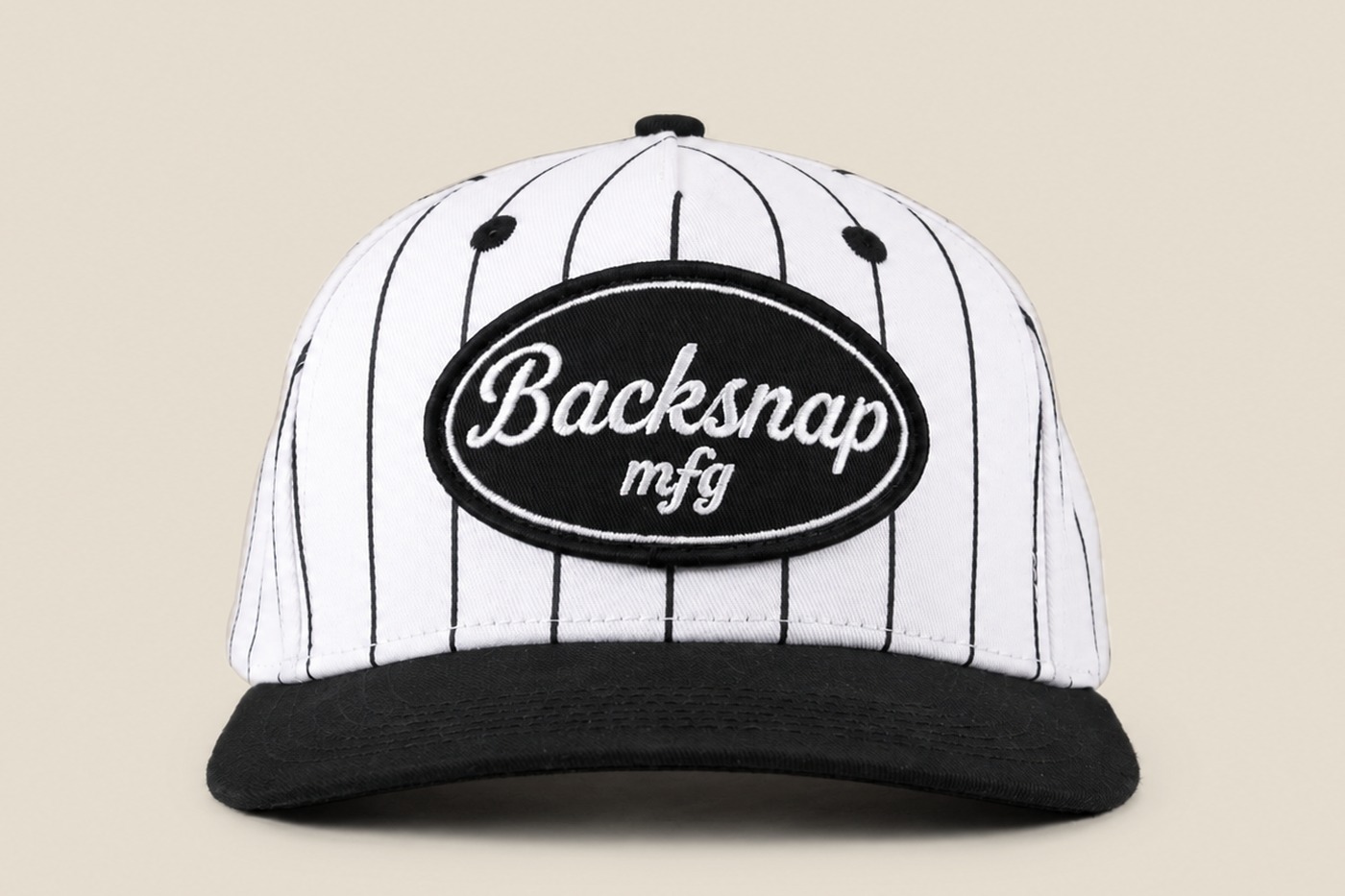 White pinstripe Backsnap patch cap with black brim, front view