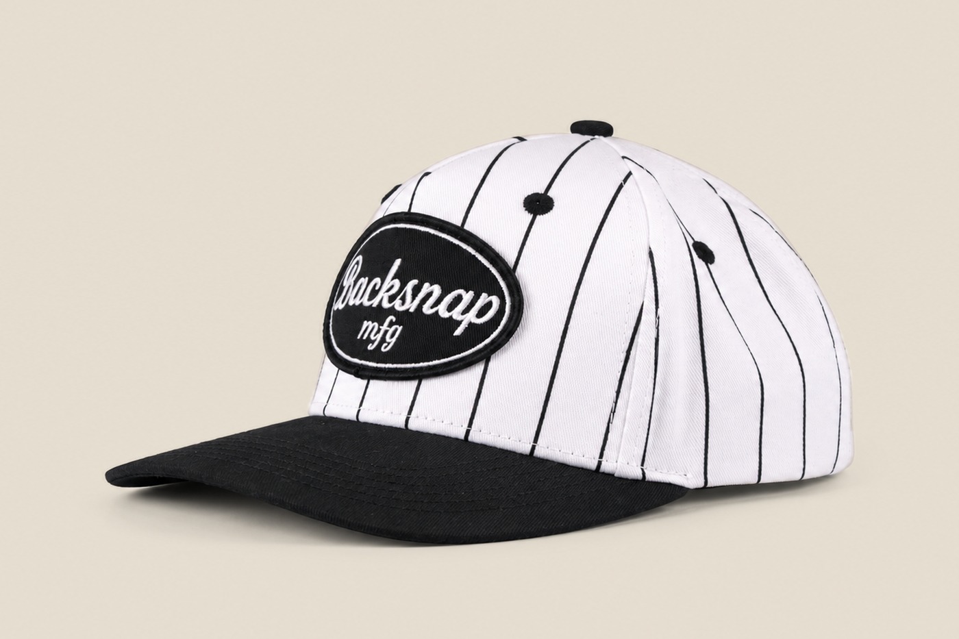 White pinstripe Backsnap patch cap, angled view