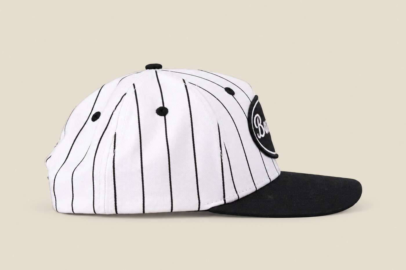White pinstripe Backsnap patch cap, side profile