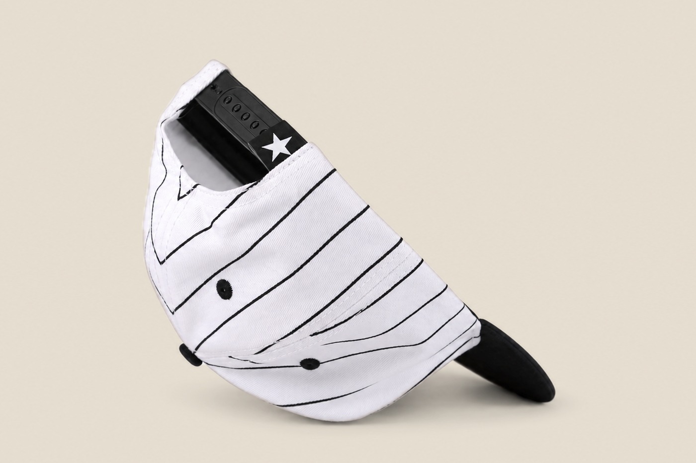 White pinstripe Backsnap patch cap, back with snapback strap