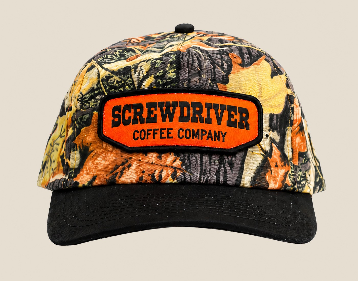 Camo and black Screwdriver Coffee patch cap, front view